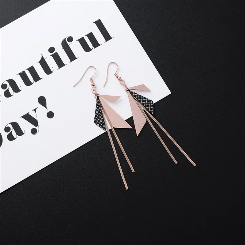 style-12 New Listing Geometric Titanium Steel long Tassel Girl Earrings gold Stainless Steel Triangle leaf Girl Black Jewelry Earrings 1 - Окраска металла: style-12