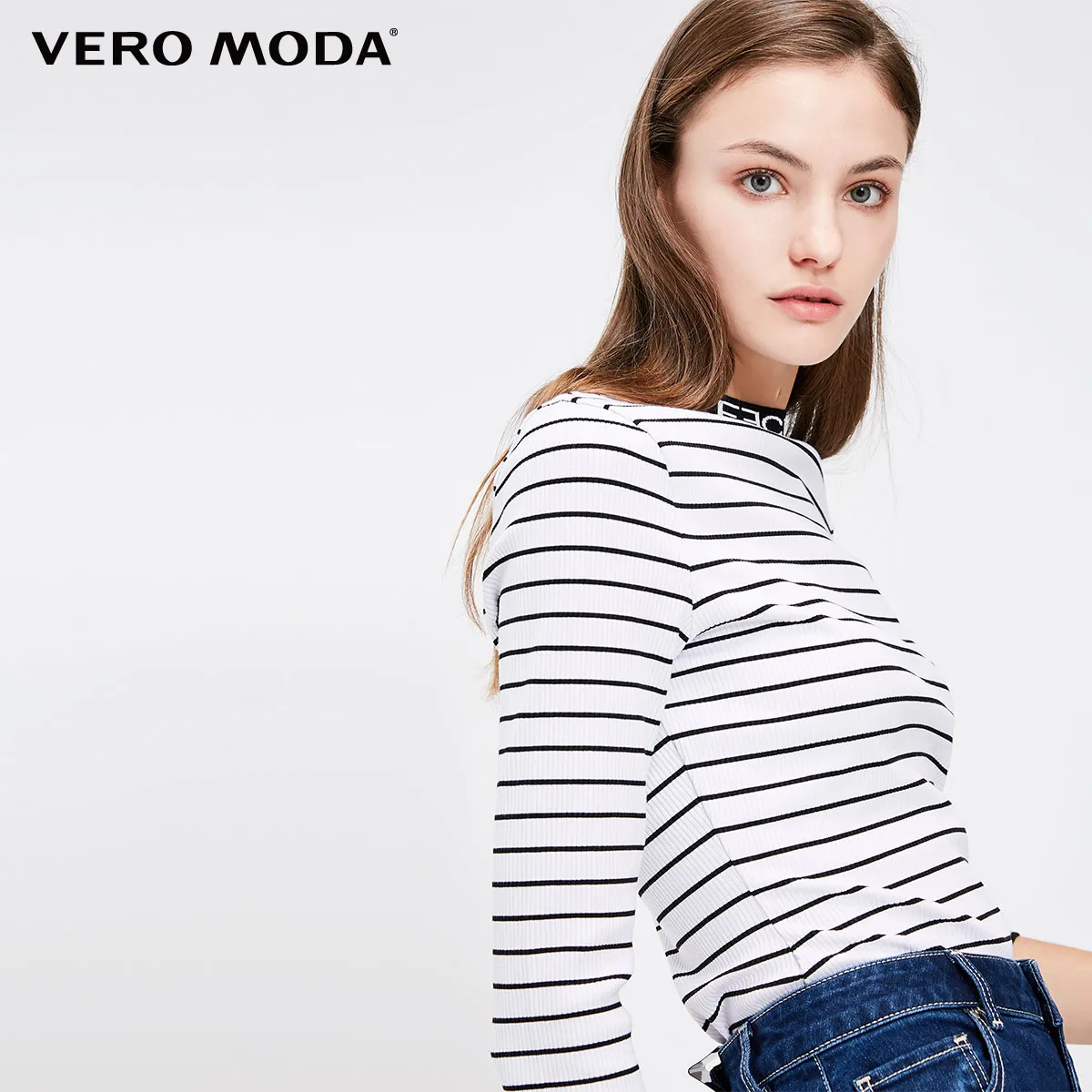 Vero Moda Новая Женская Полосатая футболка с буквенным принтом 3/4 рукавами | 318330511