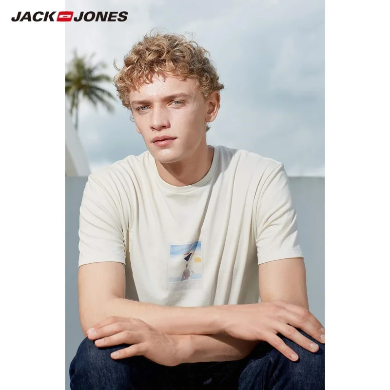 Мужская футболка с принтом JackJones из 100% хлопка в пляжном стиле Menswear 219101527|Мужские