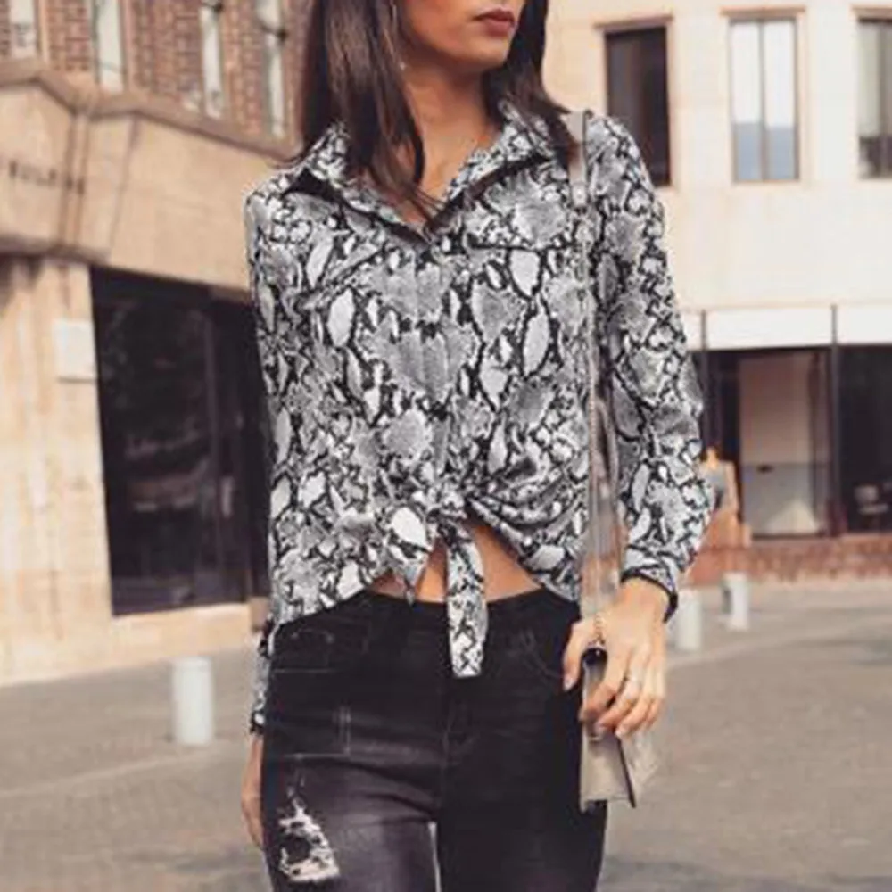 Roupa feminina модные женские блузки 2018 повседневные со змеиным принтом на пуговицах с