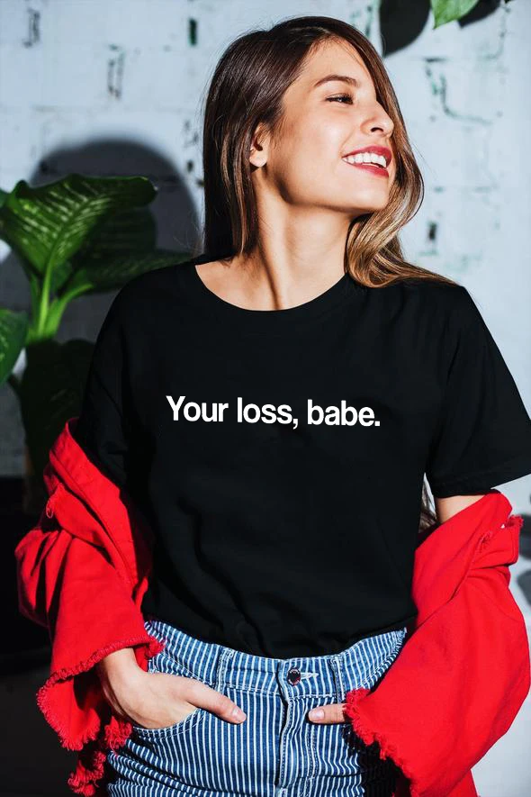 Черные футболки с надписью Your Loss Babe модные трендовые Tumblr цитатами для девочек 90s