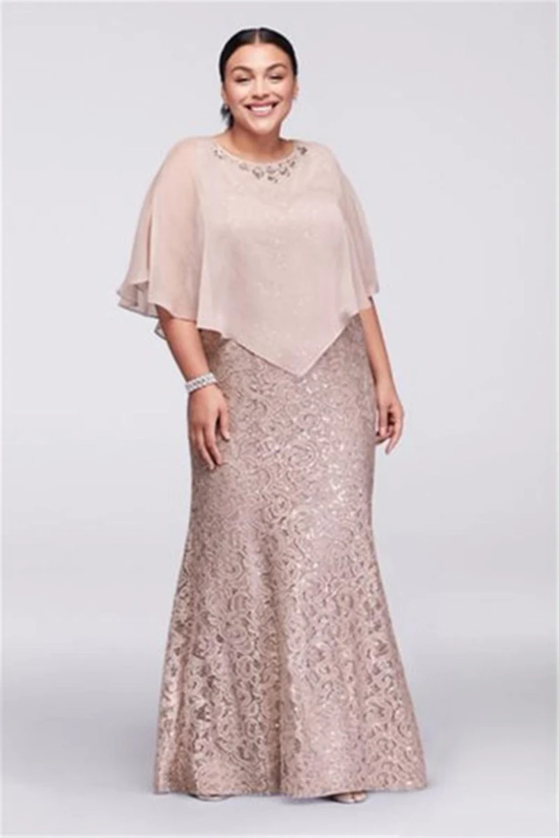 

2020 Mother Of the Bride Dresses Jewel Neck Champagne Full Lace With Cape Wrap Beaded Floor Length Mermaid Wedding Guest