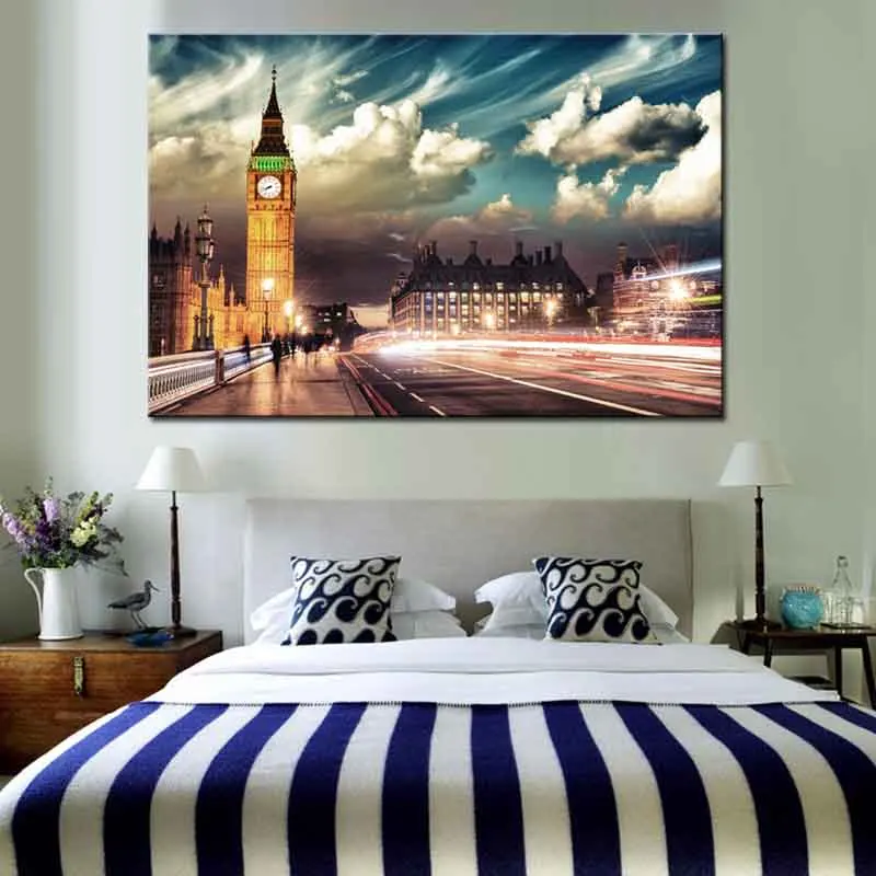 British Big Ben Canvas Print Painting Modern Beautiful Night Landscape Clock Tower Wall Art Pictures For Living Room Decor 1Pcs | Дом и сад