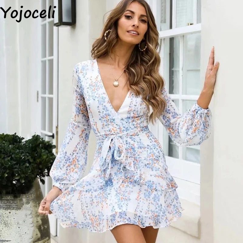 Yojoceli сексуальное короткое шифоновое платье с принтом и рюшами женское осеннее