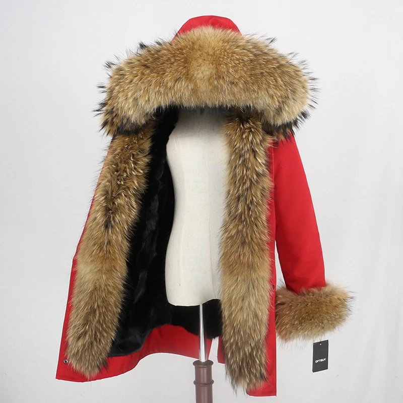 red black natural OFTBUY, водонепроницаемая длинная парка, натуральный мех енота, капюшон, натуральный мех норки, подкладка, пальто, зимняя куртка, женская верхняя одежда, съемная - Цвет: red black natural
