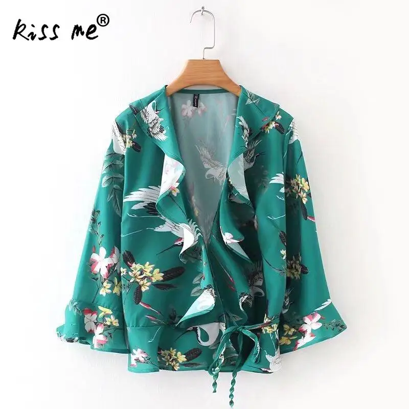 Womens Chiffon Blouses Shirts 2018 Point Sleeve V-Neck Breathable Printed Animal Prints Green Flare Sexy Bandages Summer Tops |