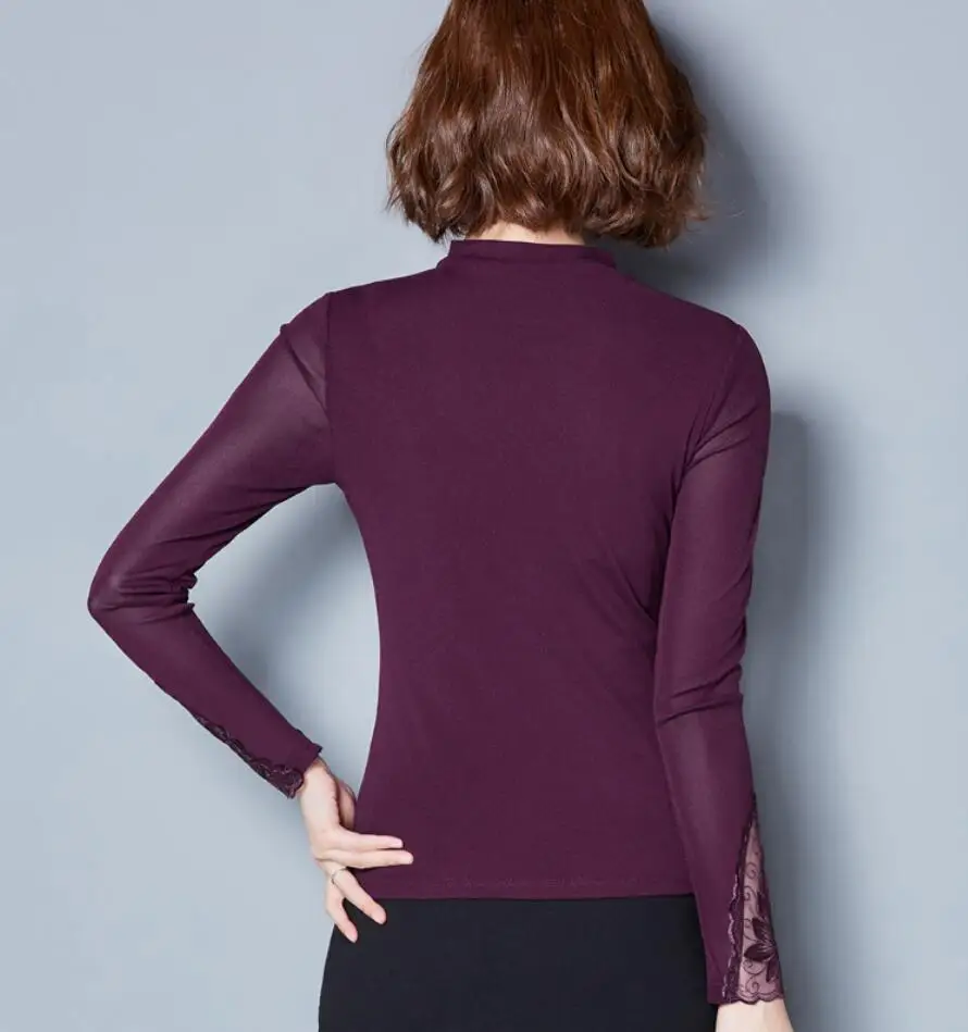 

Women Pullovers 2019 Sexy Lace Patchwork Hollow Out bottoming shirt spring autumn female Slim long sleeve shirt top r1525