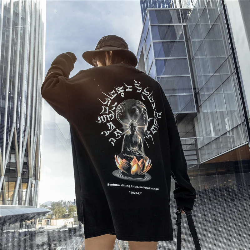 Autumn 2019 New Hip Hop Lotus Buddha Statue Sweatshirt Men | Мужская одежда