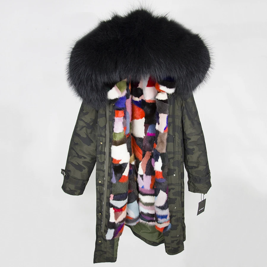 OFTBUY X-длинная Камуфляжная парка, пальто с натуральным мехом, зимняя женская куртка, большой воротник из натурального меха енота, капюшон, подкладка из натурального меха норки