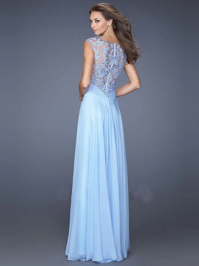 2015 мать невесты платья A line совок голубой видеть сквозь шифон аппликации вечернее
