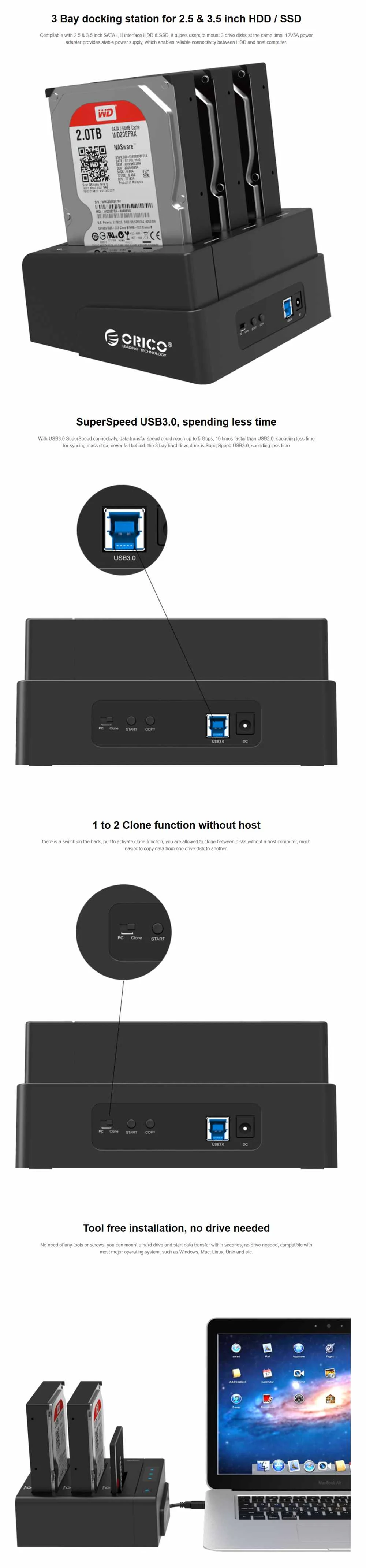 ORICO 6638US3-C-V1 2.5/3.5 Inch USB 3.0 3 Bay Clone Hard Drive Dock Station