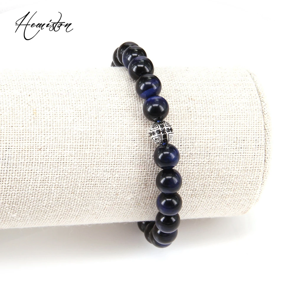 

Thomas Style 8mm Blue Tiger's Eye Beads Elastic Bracelet with Cross Hero Bead, Rebel Heart Jewelry Gift for Men TS B254