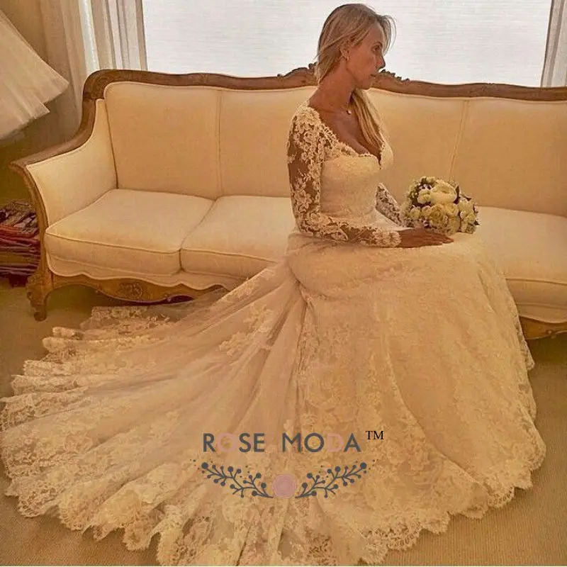 

Rose Moda Long Sleeves Lace Mermaid Wedding Dress Illusion Back Bridal Gown Vestidos de Noiva