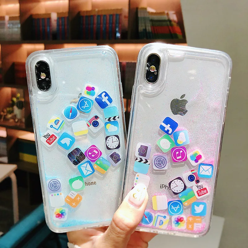 Противоударный чехол с динамическим зыбучим песком для iPhone 11 Pro X XR XS MAX, значок приложения, блестящий силиконовый Жесткий Чехол для iPhone 8 7 6 6s Plus