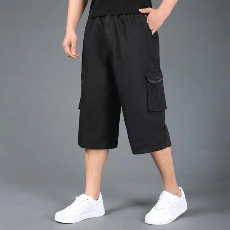 Черный Летние мужские шорты размера плюс, xxl, 4xl, 5xl, 6xl, хлопковые повседневные шорты цвета хаки с эластичной резинкой на талии, короткие брюки в стиле хип-хоп, большие - Цвет: Черный