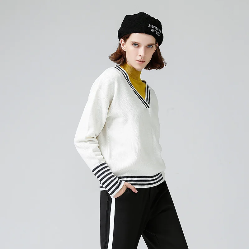 Toyouth Tricot V-neck Fashion Woman Sweater Stripe Patchwork Loose Casual Tops Long Sleeves Knit Pollover Jumpers | Женская одежда