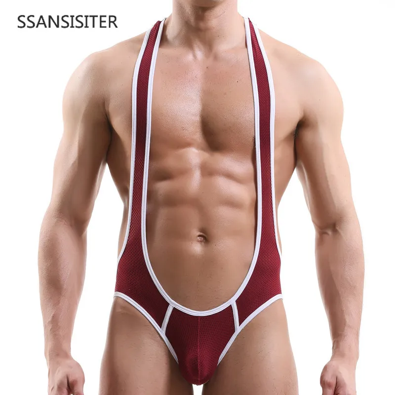 Боди мужское цельнокроеное Сетчатое пикантное нижнее белье для геев трико шорты