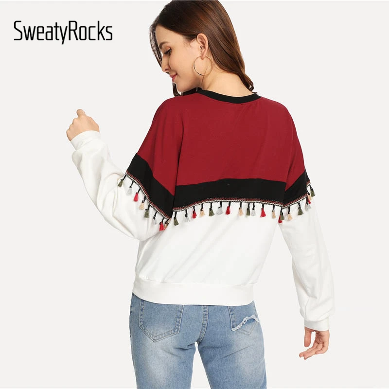 SweatyRocks Повседневный свитер с кисточками, с длинным рукавом, с цветными блоками, женские топы, новинка, осенние женские толстовки