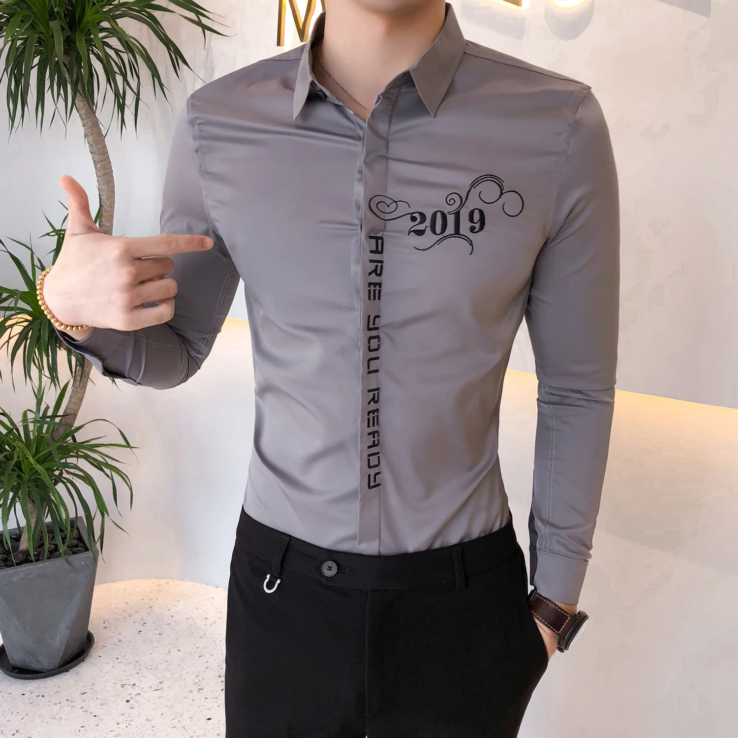 Gray Новая модная Корейская рубашка с буквенным принтом, мужская рубашка с длинным рукавом, одежда для мужчин, Клубные вечерние рубашки для свадьбы, Camisa Masculina - Цвет: Gray