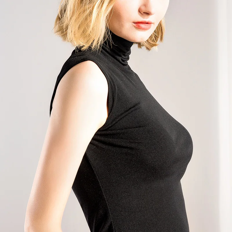 

YuooMuoo Women Elastic Tees Bodycon Fashion Summer Sleeveless T shirt Female Slim Sexy Basic Solid Turtleneck Tank Crop Tops