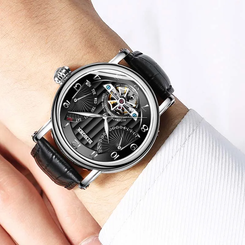 Швейцарские BINGER Tourbillon автоматические часы для мужчин s Механические Многофункциональные часы Лидирующий бренд Роскошные сапфировые мужские часы Relogio - Цвет: Silver Black