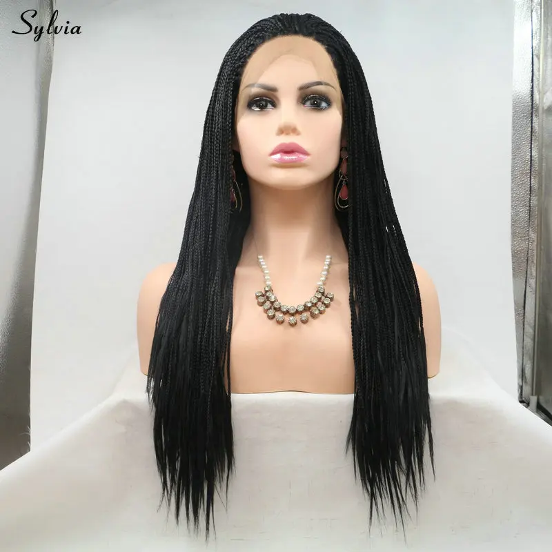 Sylvia 1B# Черная Плетеная коробка Плетеный для женщин/девочек Длинные Синтетические парики на шнурках спереди бесклеевые волосы высокотемпературное волокно