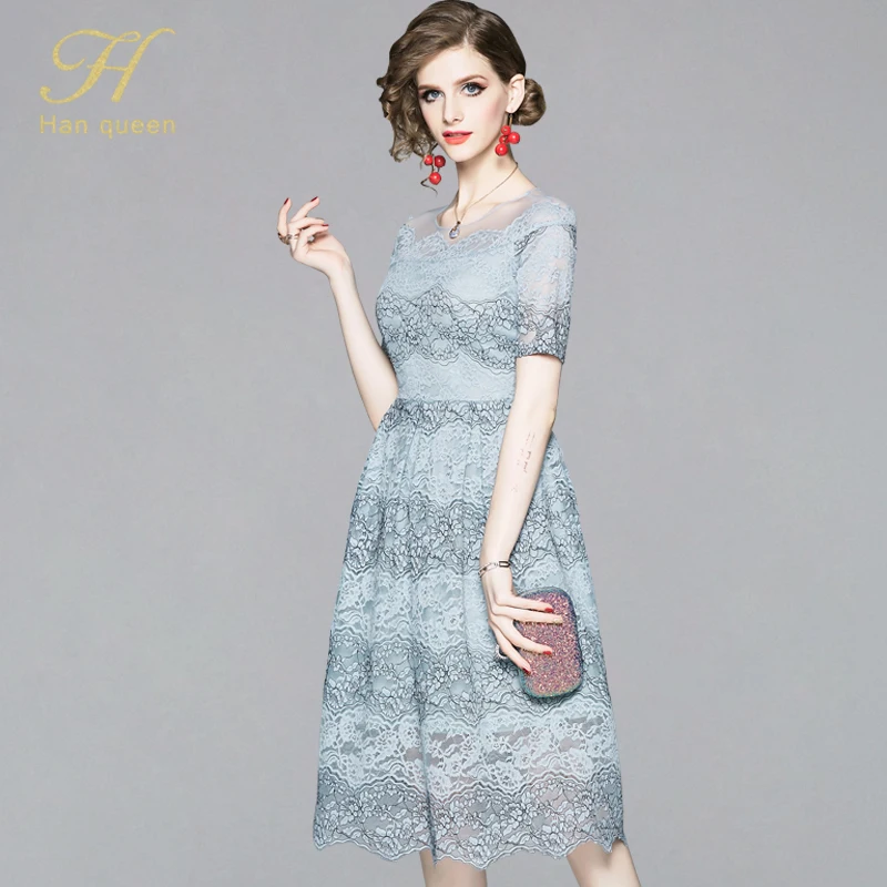 blue H Han queen, женские кружевные платья, сексуальные, прозрачные, с петельками, в сеточку, в стиле пэчворк, для вечеринки, Vestidos, ТРАПЕЦИЕВИДНОЕ, миди платье - Color: blue