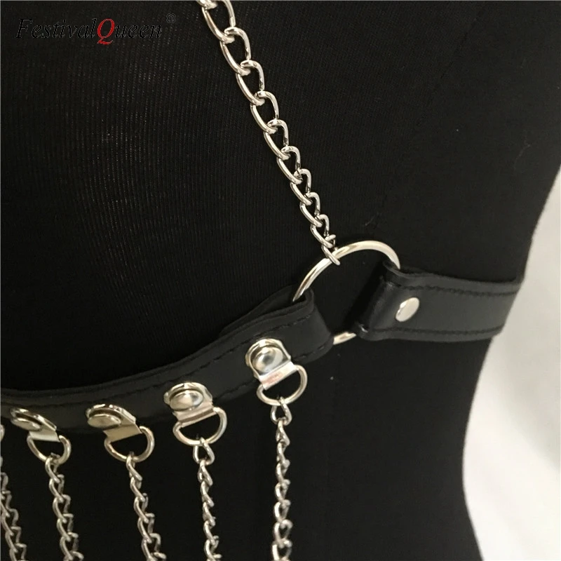 Sexy women metal chain skirt two piece Fashion PU leather Harness party nightclub wear short mini hollow out skirt