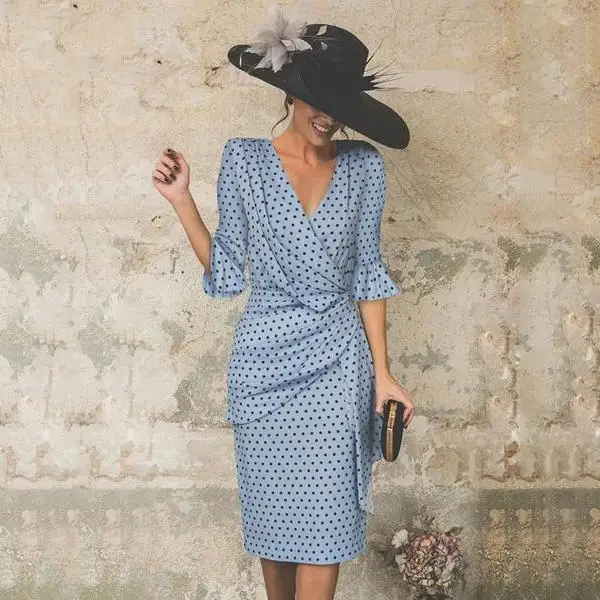 Платье макси в горошек с расклешенным рукавом и V образным вырезом|Женские