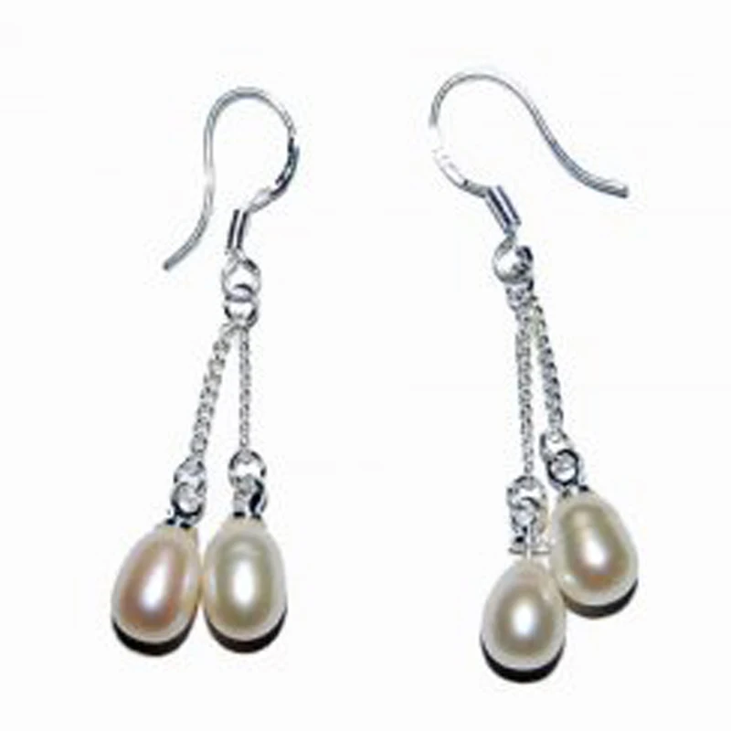 

7-8mm Double White Natural Drop Pearl Earring with Sterling Silver Hook