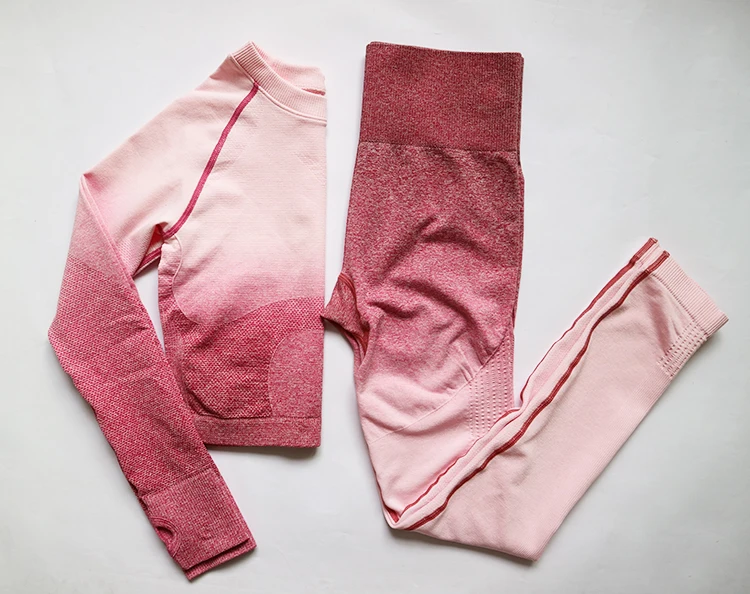 Pink Suit Комплект из 2 предметов для йоги, женский укороченный Топ с длинным рукавом и с высокой талией, спортивные Леггинсы, одежда для спортзала, бесшовный спортивный костюм с эффектом омбре - Цвет: Pink Suit
