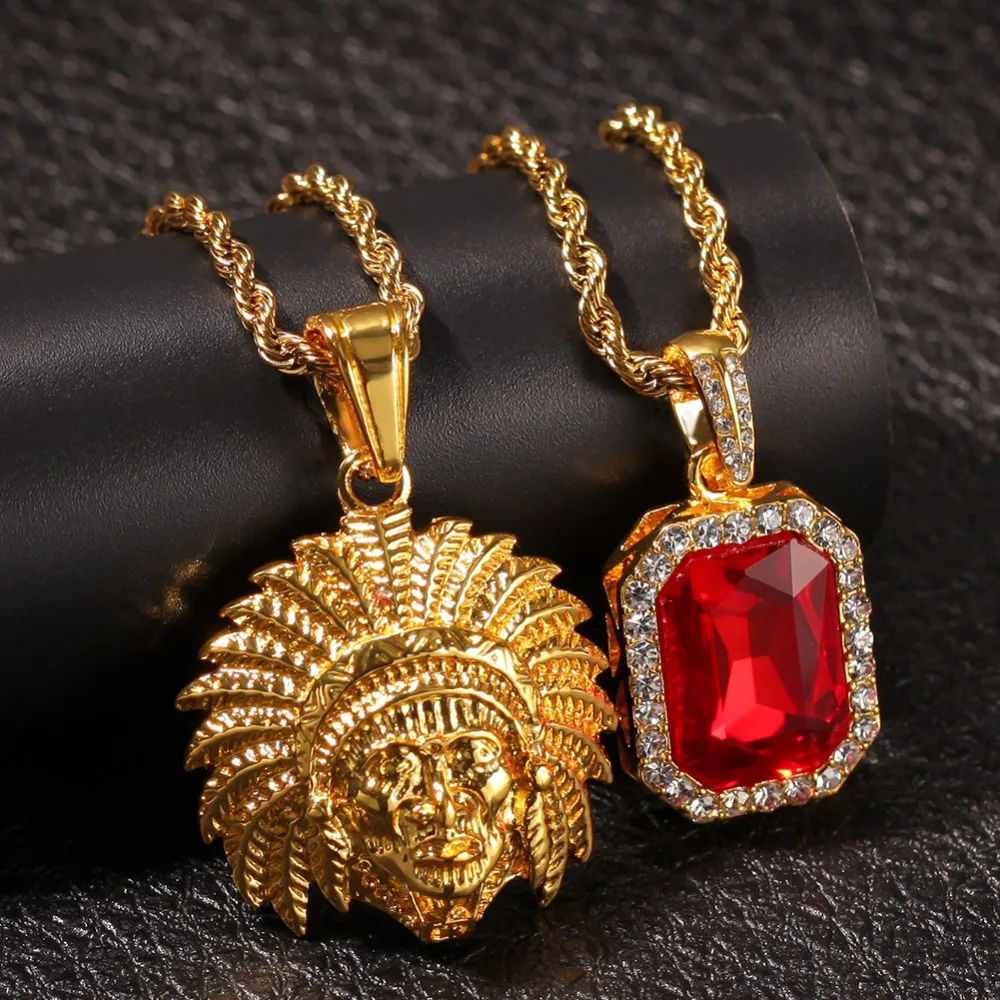 2 шт./компл. для мужчин хип хоп Iced Out bling индийский главный с gem колье подвеска