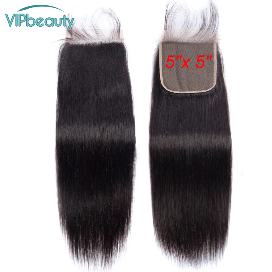 VIPbeauty 5x5 перуанские волосы Remy 100% человеческие прямые предварительно сорванные 1B