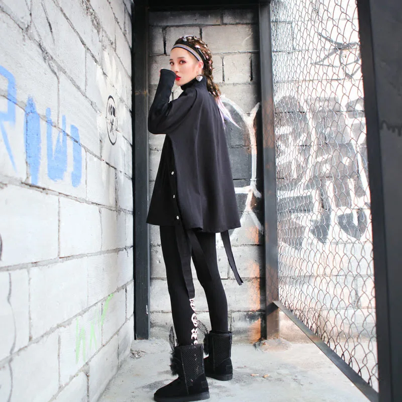 TWOTWINSTYLE водолазка Толстовка для Женская лента рукав летучая мышь карман черный