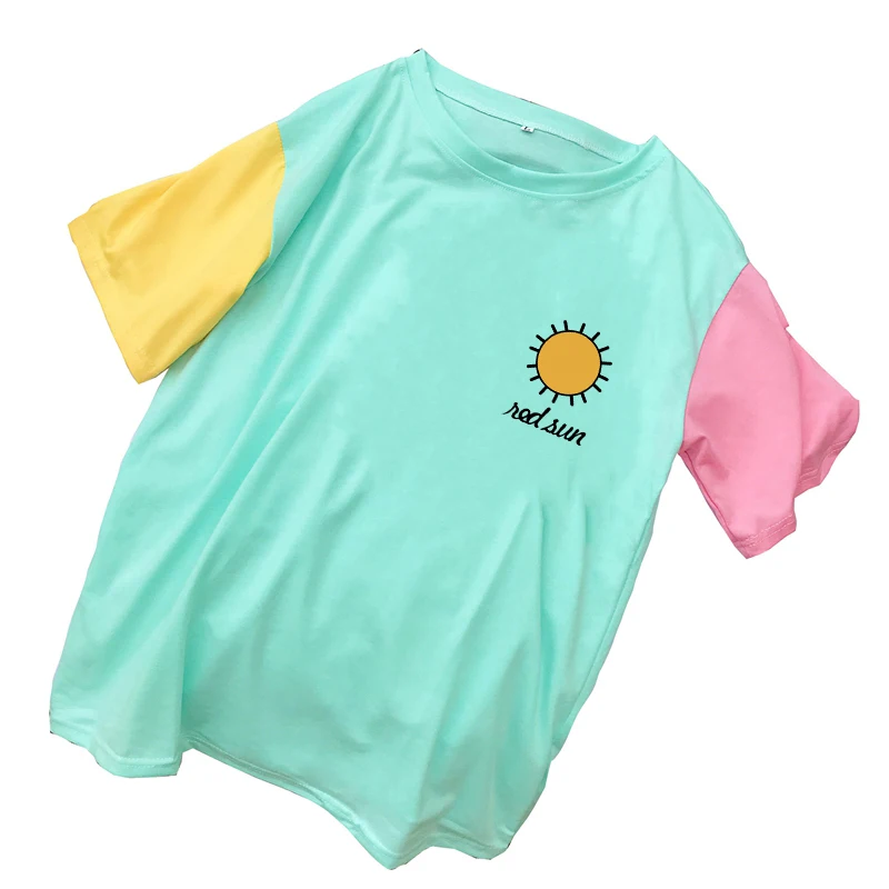 

Women's Summer Korean New Spell Color Spliced T Shirt Casual Short Sleeve Kawaii Sun Print Tops Tee Shirt Femme Harajuku Clothes