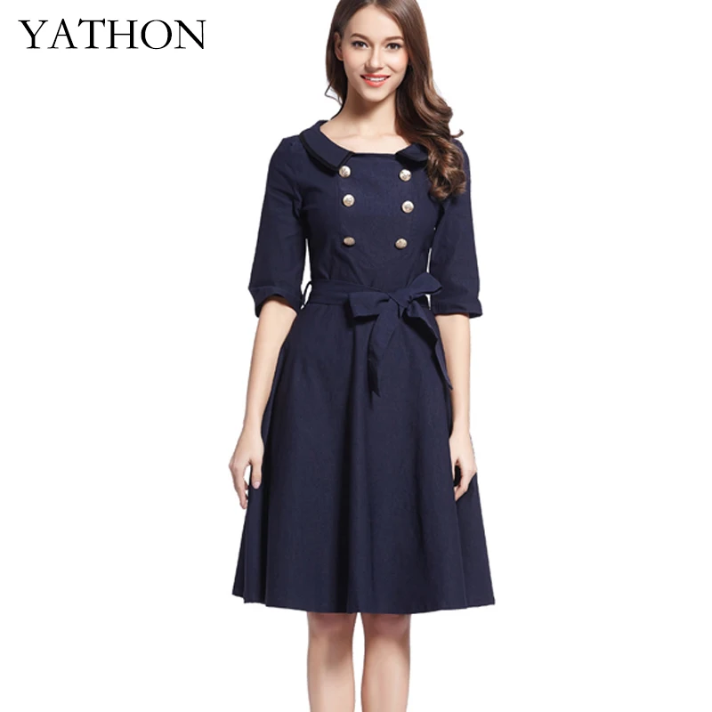 YATHON Женская Кнопку Старинные Большие Качели Партии Dress Хепберн Стиль половина