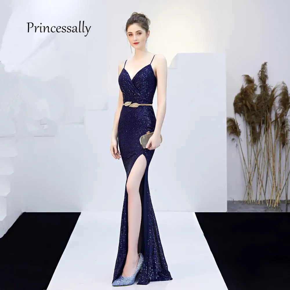 Женское вечернее платье русалка розовое до пола с блестками высоким разрезом V