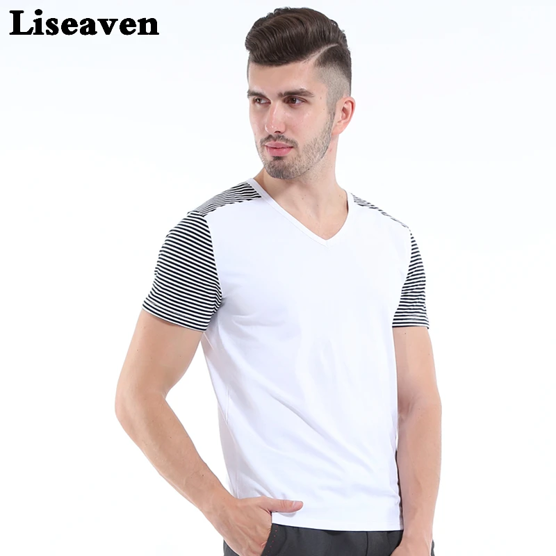 

Liseaven Men Short Sleeve T Shirt 2017 Striped tshirt Men's V-Neck Tee Tops White T-Shirts Size M L XL XXL XXXL