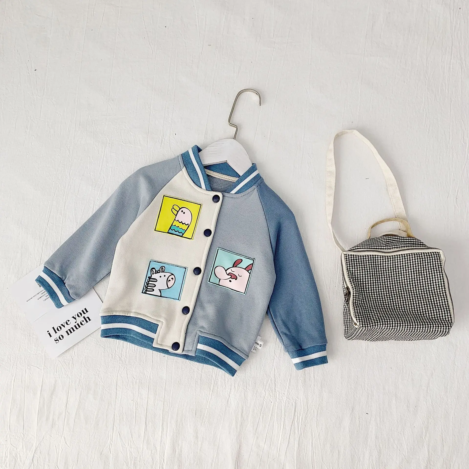 blue Autumn kids cartoon printing fashion color matching baseball jackets boys girls casual coats outwear - Цвет: blue