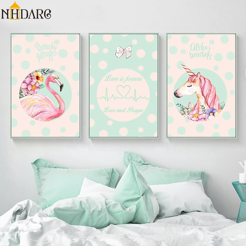 

Kids Cartoon Pink Flamingo Unicorn Horse Posters And Prints Wall Art Canvas Painting Wall Pictures For Living Room Home Decor