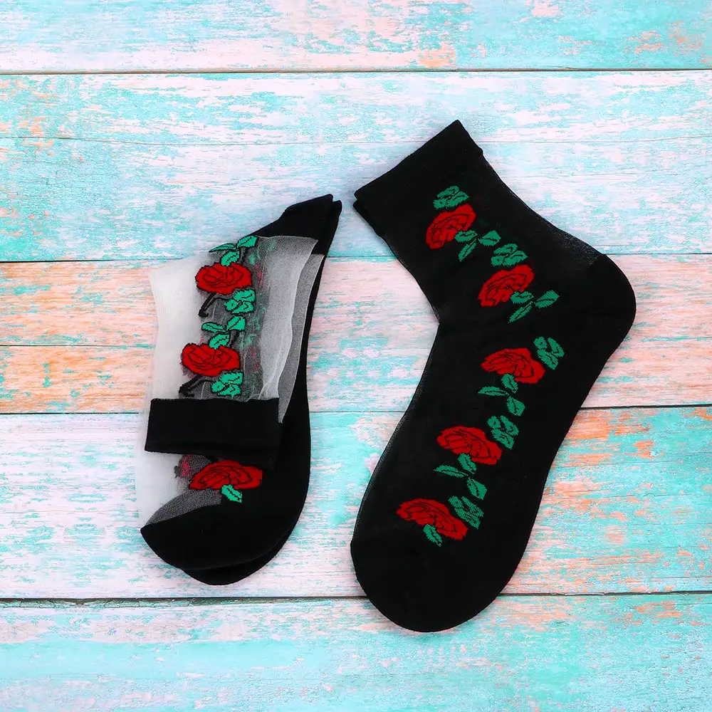 Модные женские сексуальные шелковые носки летние Красивые с вышивкой розы