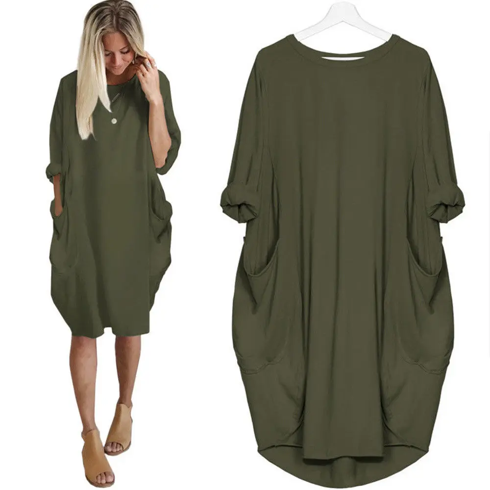 Мешковатые рубашки итальянский Lagenlook Quirky Boho Джерси мягкий хлопок стрейч свободный карман Туника женские платья рукав Повседневный хип хоп