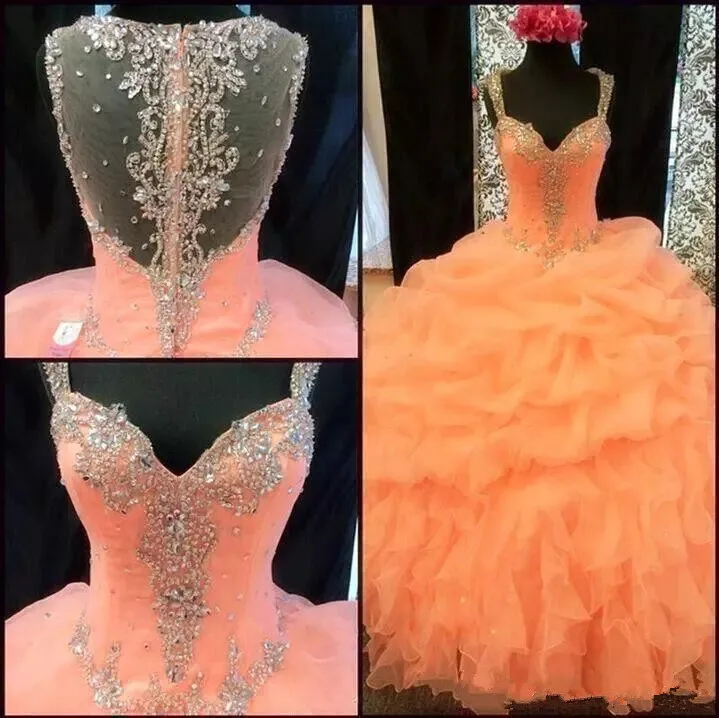 Коралловые бальные платья Бальные платья с кристаллами Милая Sheer Illusion Back с бусинами оборки органза 16 Выпускные платья