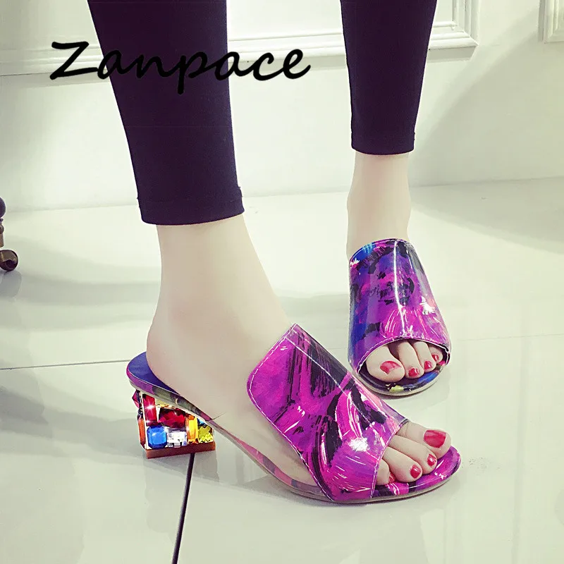 Тапки Zanpace женские на среднем каблуке модные шлепанцы с открытым носком сланцы