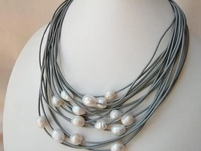 15 rows gray leather white genuine cultured freshwater pearl necklace 17-20&quot | Украшения и аксессуары
