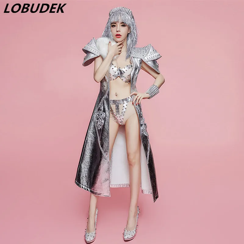 Серебряная заклепка длинный плащ сценический наряд сексуальный комплект бикини