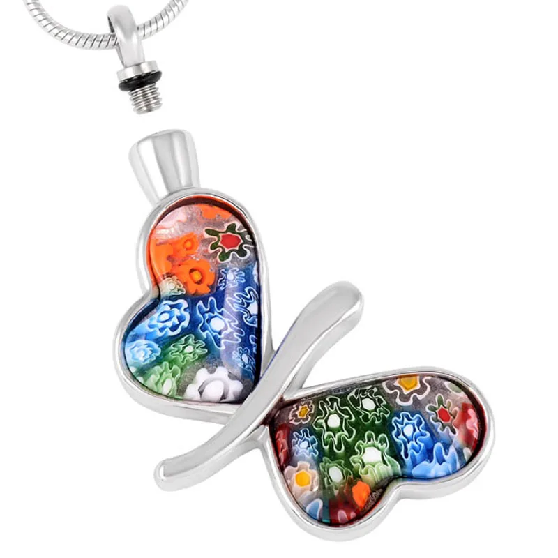 IJD8117 Beautiful Butterfly Murano Glass Memorial Urn Pendant Stainless Steel Pet Cremation Keepsake Pendant for Women