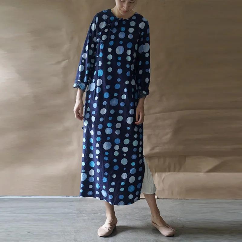 Johnature женское Новое хлопковое льняное платье с круглым вырезом и пряжкой Cheongsam 2021