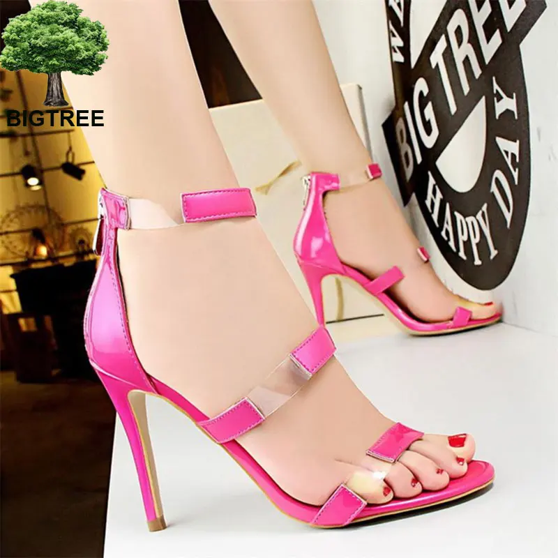 

BIGTREE 2018 New Transparent A-Word Buckle Women Sandal PU Sexy Zipper Open Toe Party Shoes High Heels Shoes Women's Office Shoe