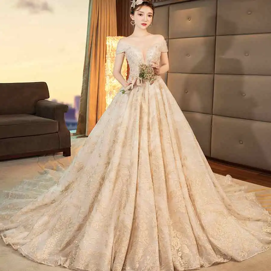 Luxury De Mariage sexy wedding dress deep V champagne small trailing slim large size custom vestido de noiva | Свадьбы и торжества
